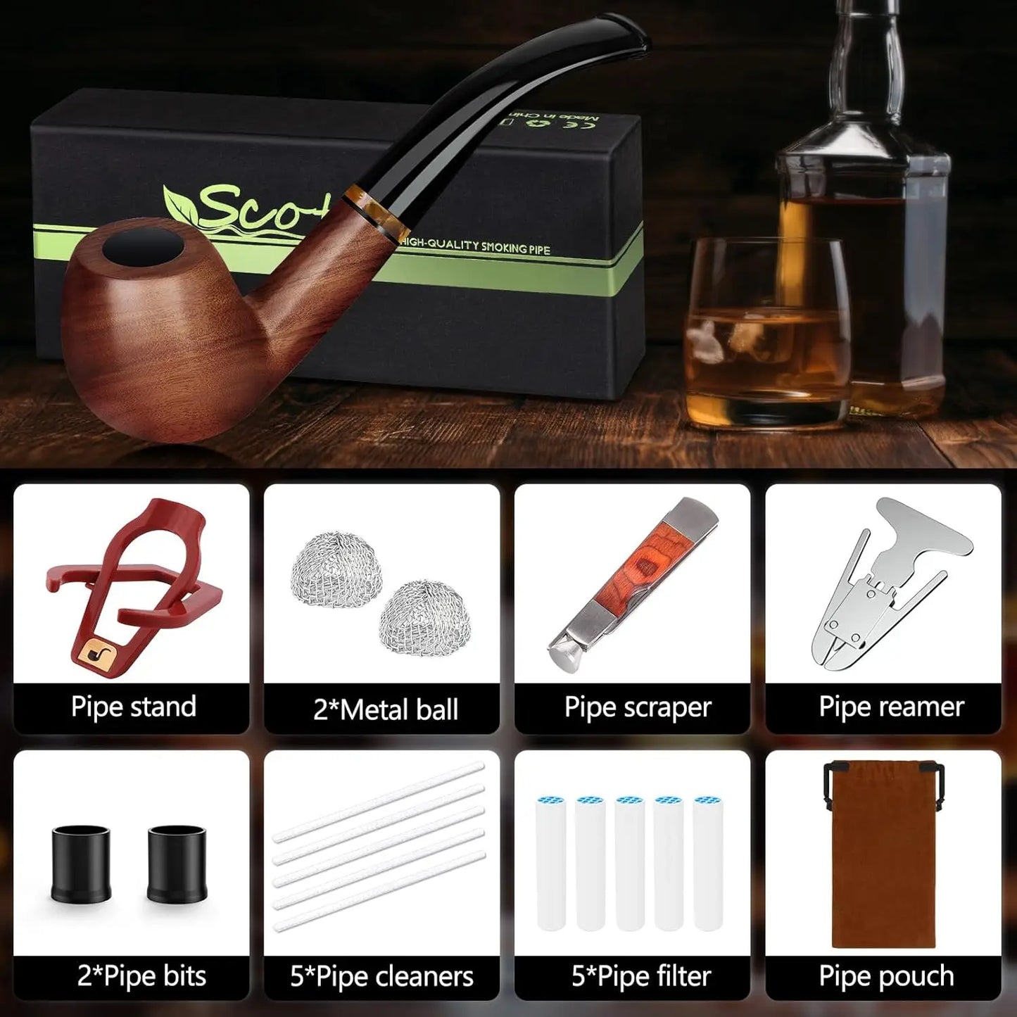 Tobacco Pipe Set Handmade Wood Smoking Pipe with Accessories and Gift Box