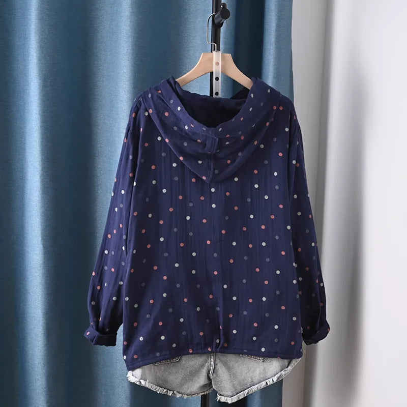 2025 Middle-aged women's clothing 100% cotton yarn hoodies polka dot print shirts long sleeve blouses for women hooded tops