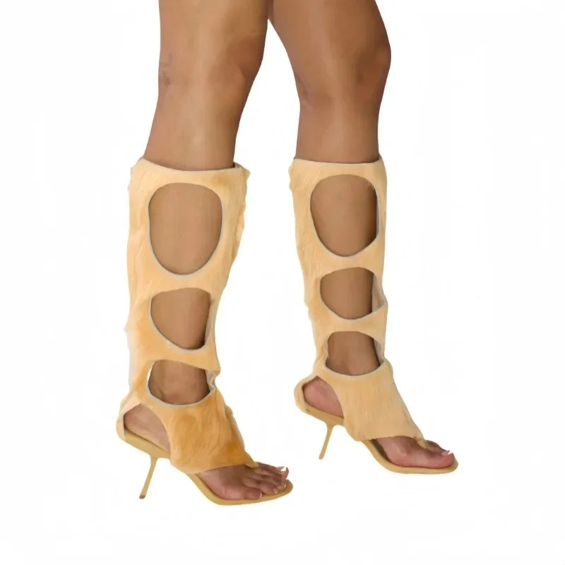 2025 New Luxury Women's Knee-High Boots | Real Horsehair Cut-Out Stiletto Heel & Rear Zipper | Evening Party Club Dress Shoes