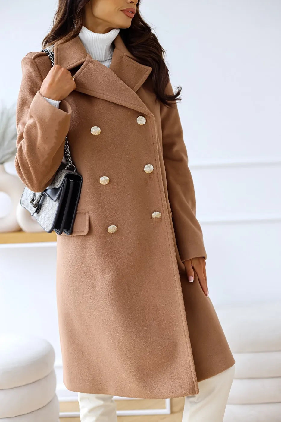 Suit woolen coat senior sense 2024 autumn and winter new double-breasted shoulder slimming Korean version of woolen coat