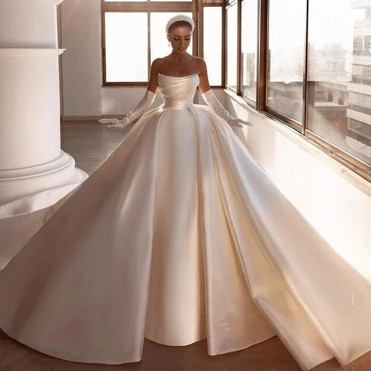 Elegant Wedding Dresses 2024 Pearls Modern Bridal Beach Boho Gowns Sweep Train A-Line Satin Prom Plus Size Vestidos Customized