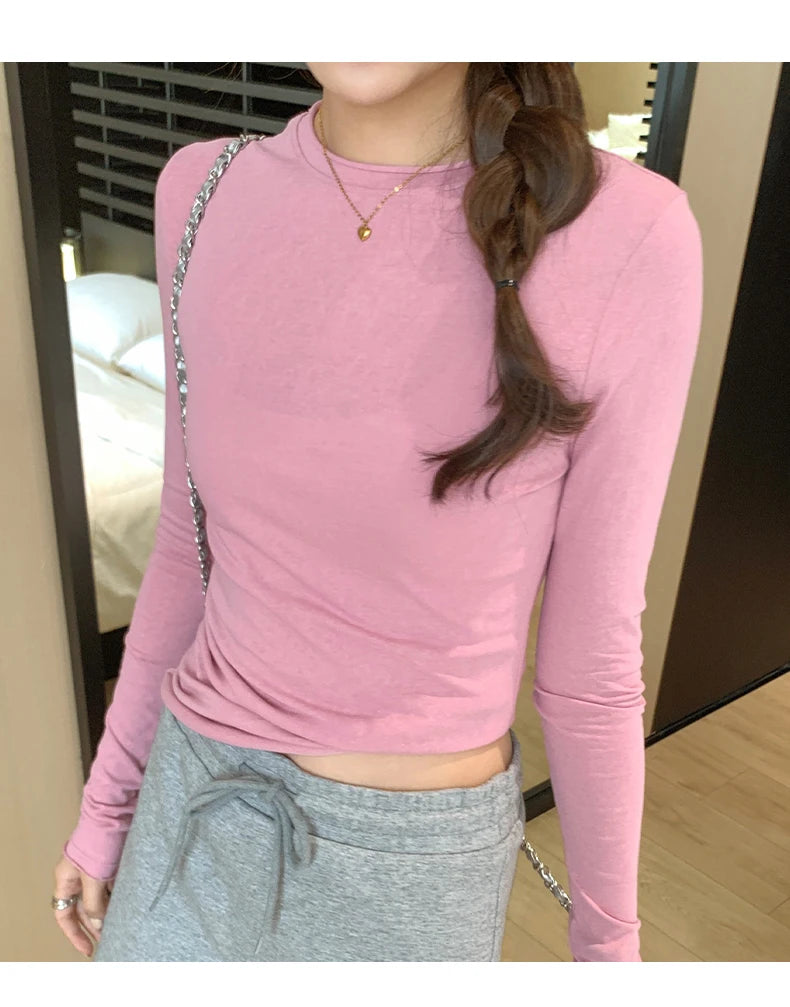 2026 Spring Autumn T shirt Women Tops Solid Slim Fit Long Sleeve O Neck Tshirts Female Casual Streetwear High Quality Base Tees