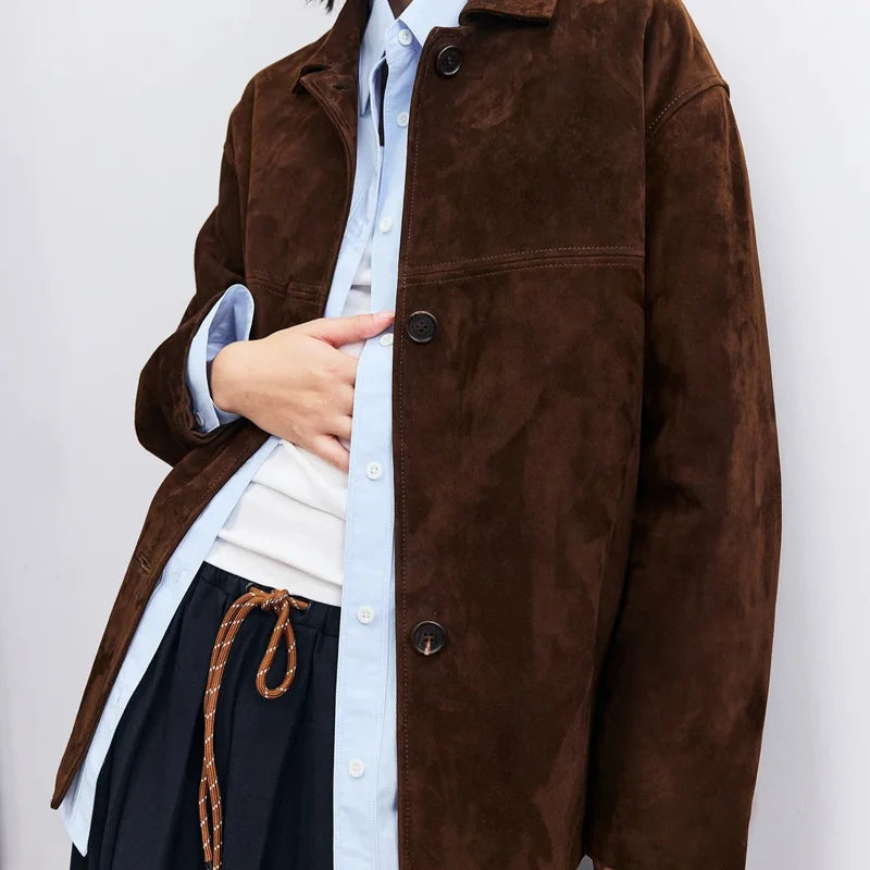 French High-end Kid Suede Leather Jacket for Woman Auburn Square Neck Single Breasted Long Coat with Waistband Female Outwears