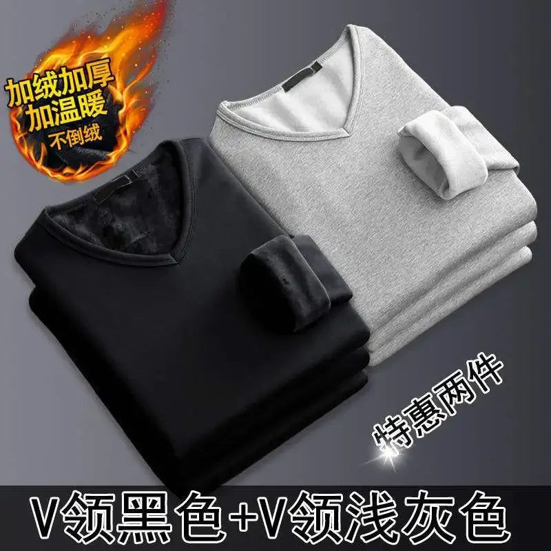 Thermal Underwear Shirt Men V Neck Fleece Sport Tops Autumn Thermo Clothing Comfortable Warm Long-Sleeved 5XL