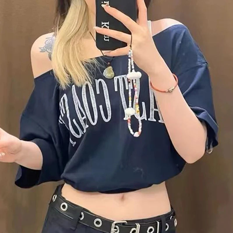 EOTVOTEE Sexy T-Shirts for Women Diagonal Collar Short Sleeve Casual Tops Spring 2025 New Fashion Female Letter Printed T-Shirts