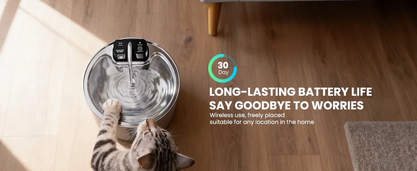 ATUBAN Wireless Cat Water Fountain-3.2L Automatic Cat Water Fountain Cordless,Stainless Steel Battery Operated for Multiple Pets