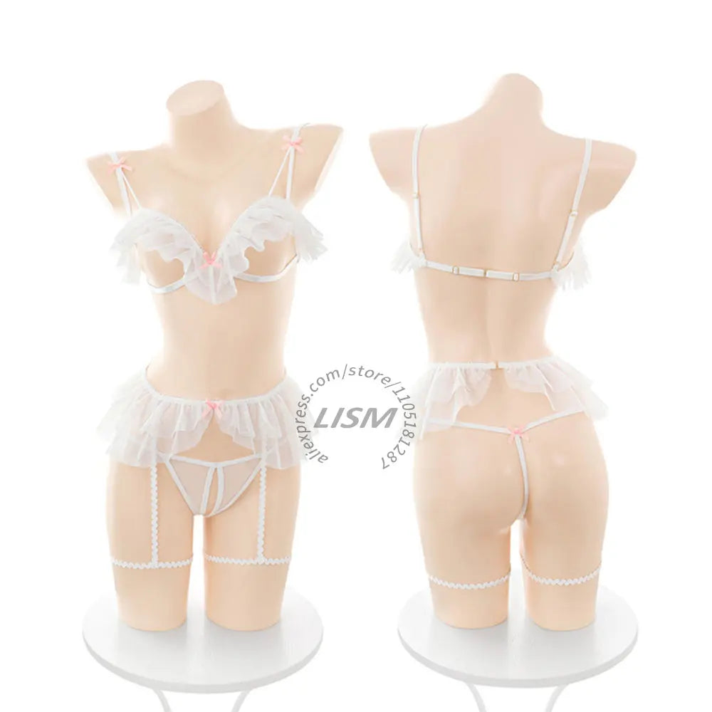 LISM Women's Cute Ruffle Lingerie Set White Sheer Triangle Bra Thong Garter Belt Set for Intimate Wear Cosplay
