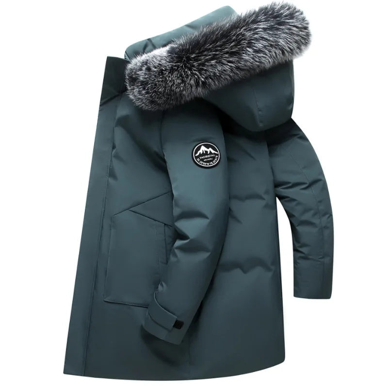 Winter New Men's Mid to Long Down Jacket with Hood Big Fur Collar Thick Warm Coat Winter White Duck Down Windproof Parka Korean