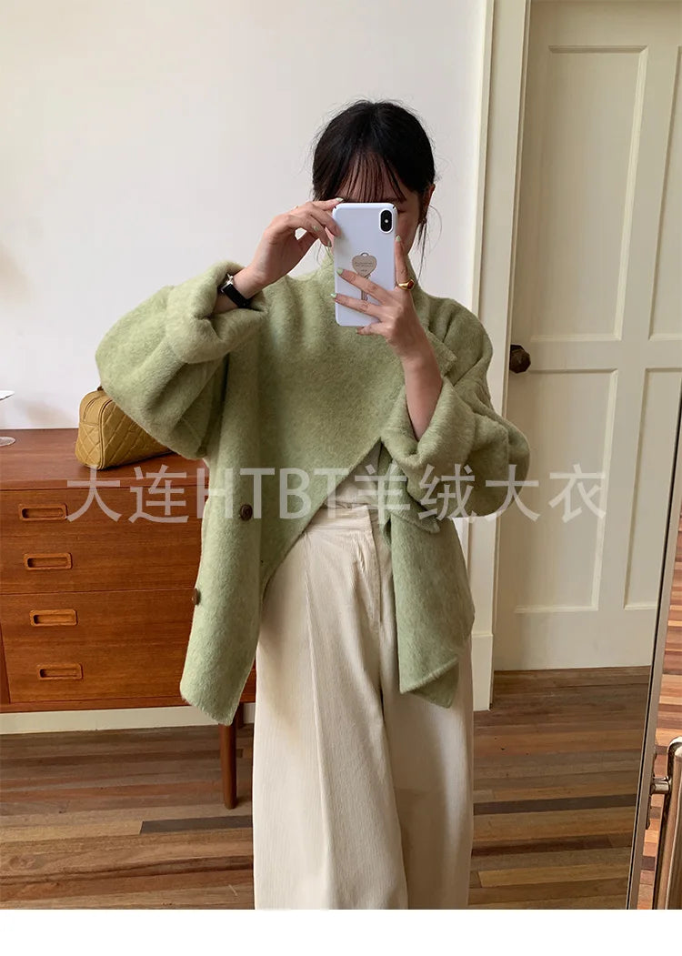 New Winter Short Woolen Coat Fashion Causal Warm Mulberry Silk Lapel Double-sided Wool Coat Loose Suit Jacket Female Tide Autumn