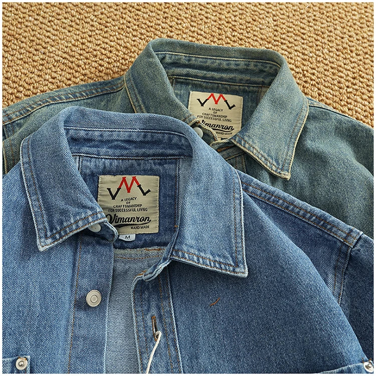 Spring Autumn New American Retro Long-Sleeve Lapel Solid Color Denim Shirt Men's Fashion 100% Cotton Washed Old Casual Blouses
