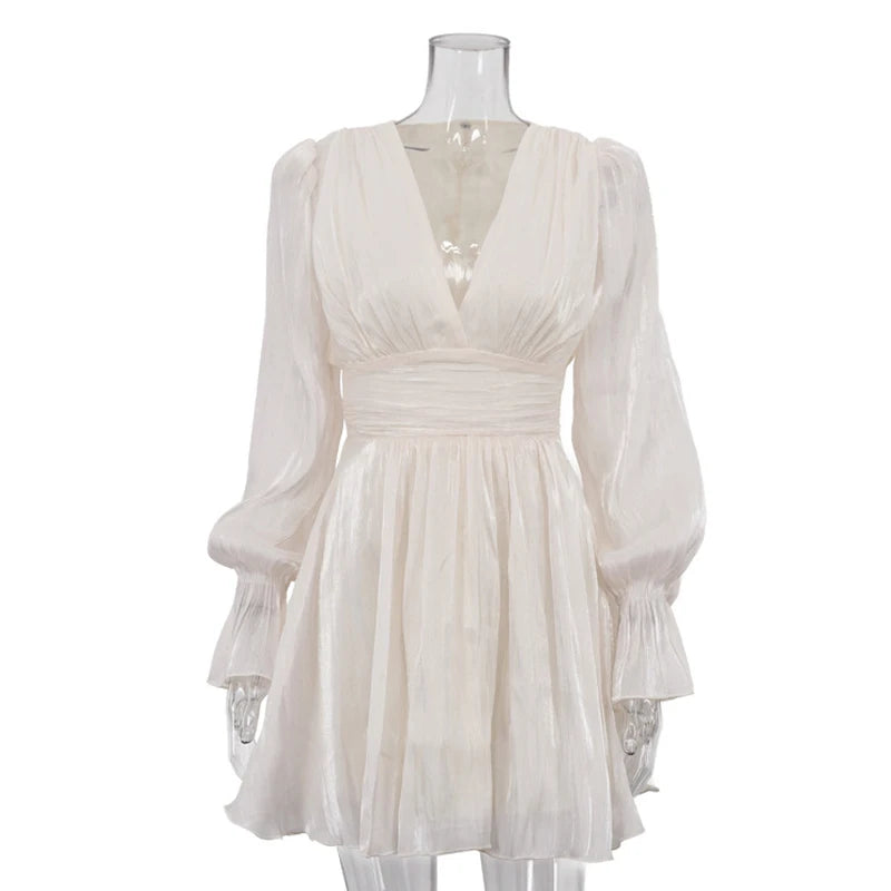 Ladies Elegant Silk Party Dresses Autumn Fashion V Neck High Waisted Bridesmaid Dress Flared Sleeves Loose Pleated Short Dress