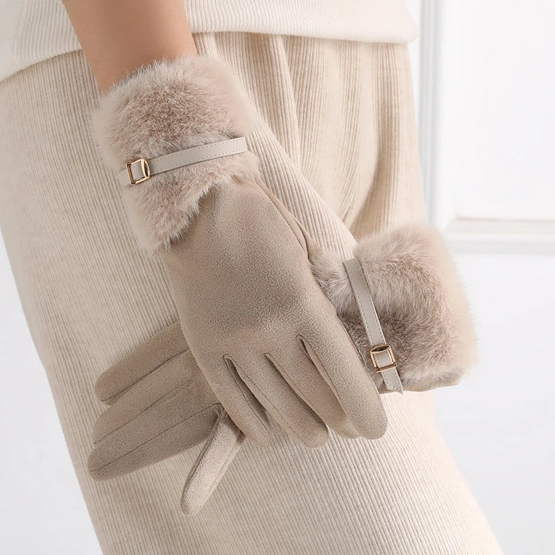Women's Winter Gloves with Fleece Lining, Warm, Windproof, Cold-Resistant, Plush Decoration, Touchscreen Compatible, Suitable for Driving and Cycling, 1 Pair