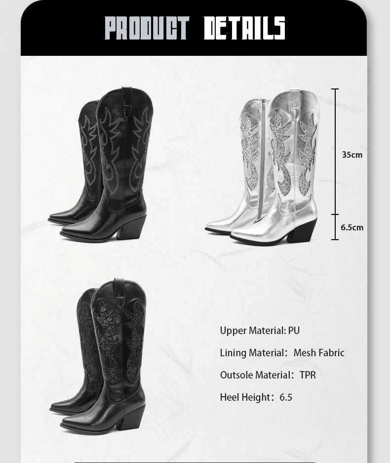 Shoes for Women New Embroidered Western Cowboy Boots Women Autumn Pointed Toe Thick Heel High Knee Boots