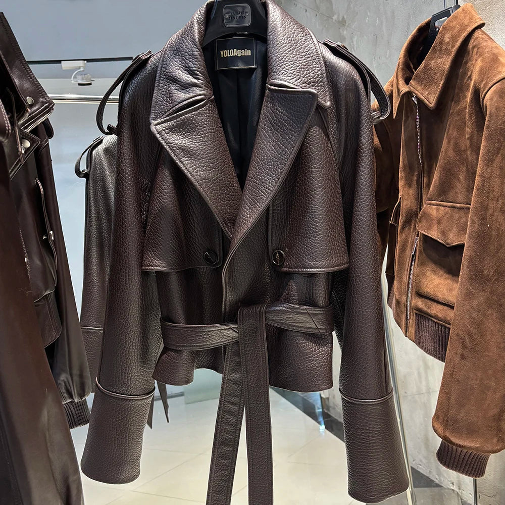 YOLOAgain Real Leather Jacket Women Burgundy Grain Leather Jacket With Belt