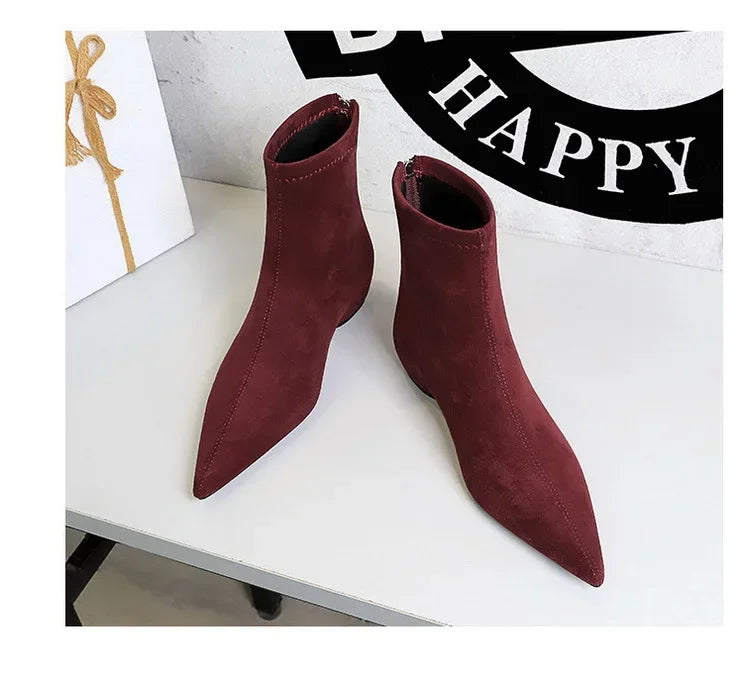 Women Red Pointed Toe Suede Ankle Boots Elegant Woman Inner Heel Short Boots 2024 Autumn Chic Office Female Keep Warm Short Boot