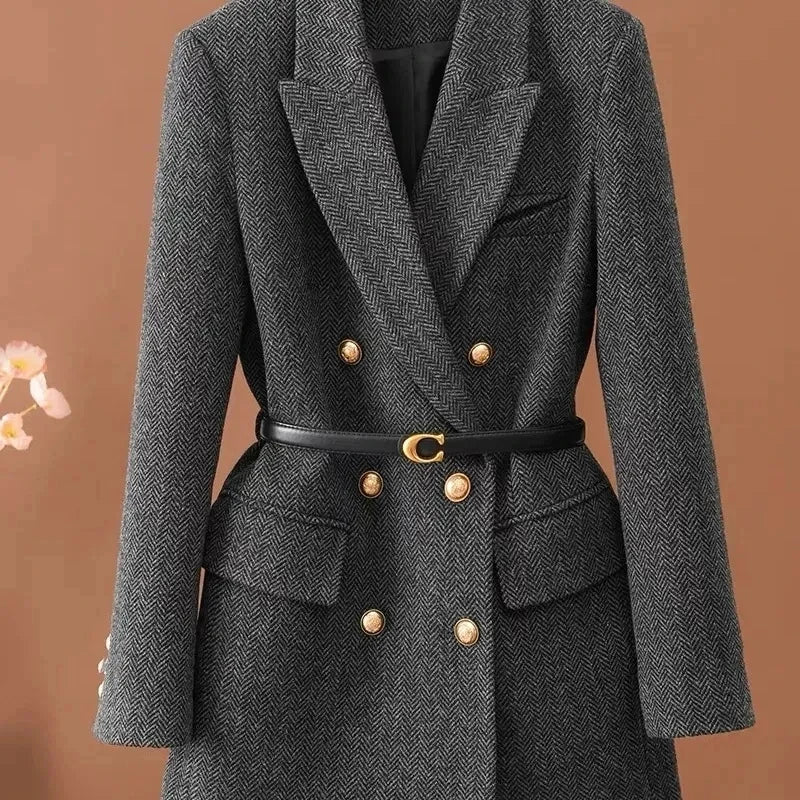 2025 New Women Long-Sleeved Suit Jacket Woolen Coat Double-Breasted Fashion Suit Mid-Length Jacket Women Autumn Winter Outwear