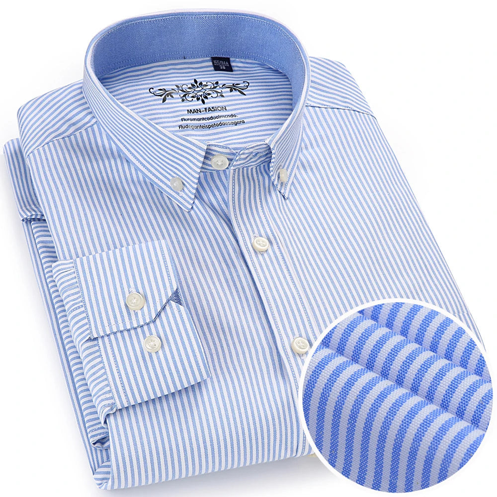 Men's Fashion Long Sleeve Oxford Work Shirt Single Patch Pocket Simple Design Embroidered Regular-fit Casual Button-down Shirts