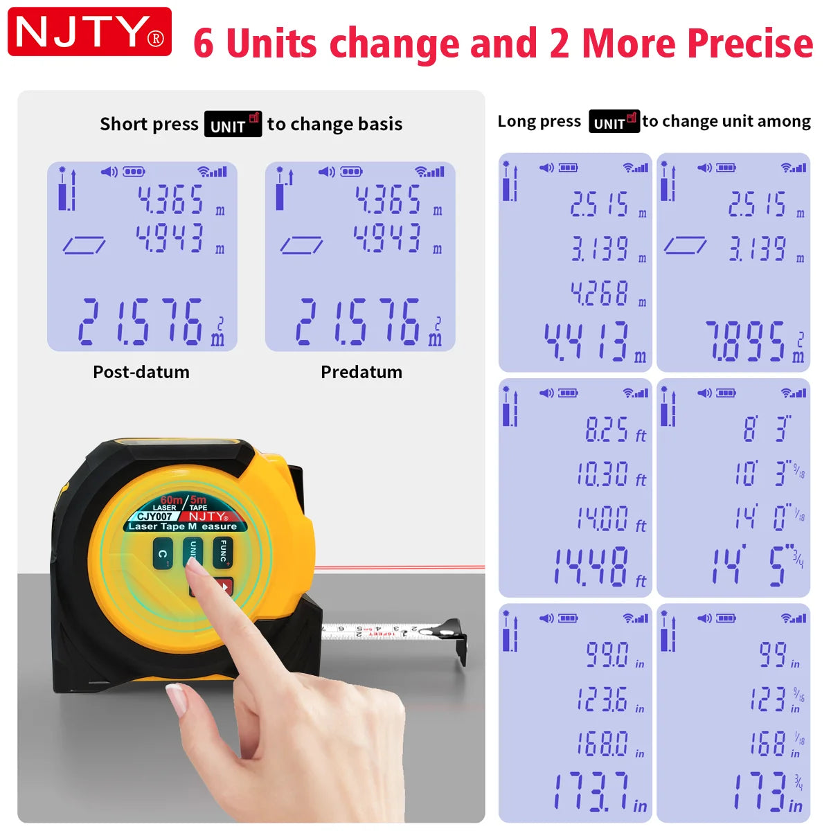 3-in-1 Laser Tape Measure British 60m/196ft  40m/131ft Laser Distance Meter Cross Laser Level Belt Buckle Design Self-lock Tools