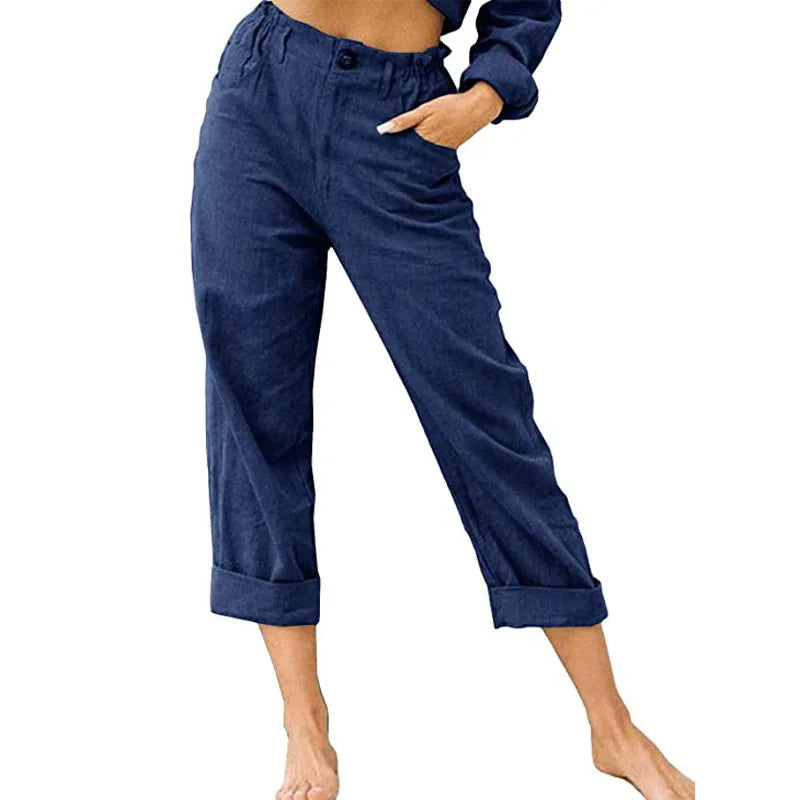 Summer 2024 new ladies cotton and linen straight tube cropped casual and comfortable simple women radish pants