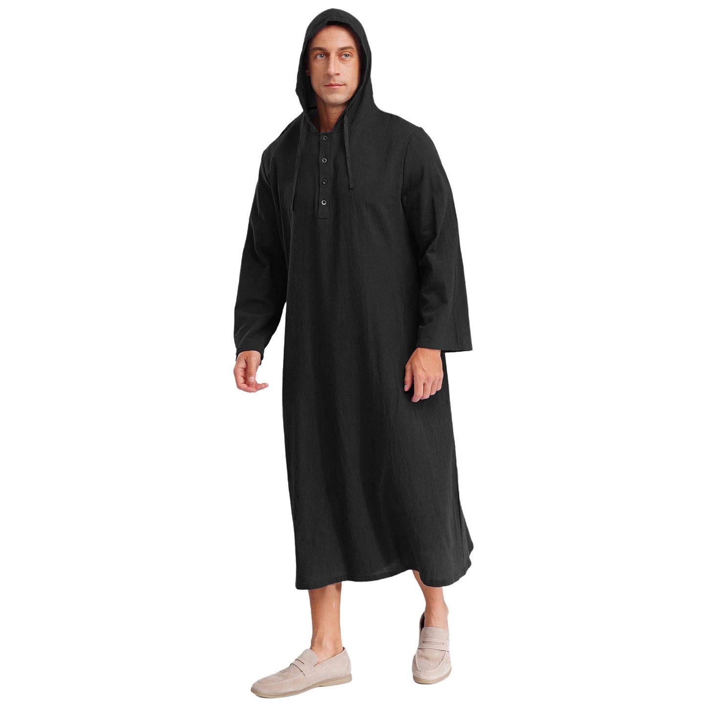 Islamic Kaftan Muslim Jubba Arabic  Thobe Men's Clothing Hooded Long Sleeves Pockest Buttons Long Loose Gown Shirt Dresses