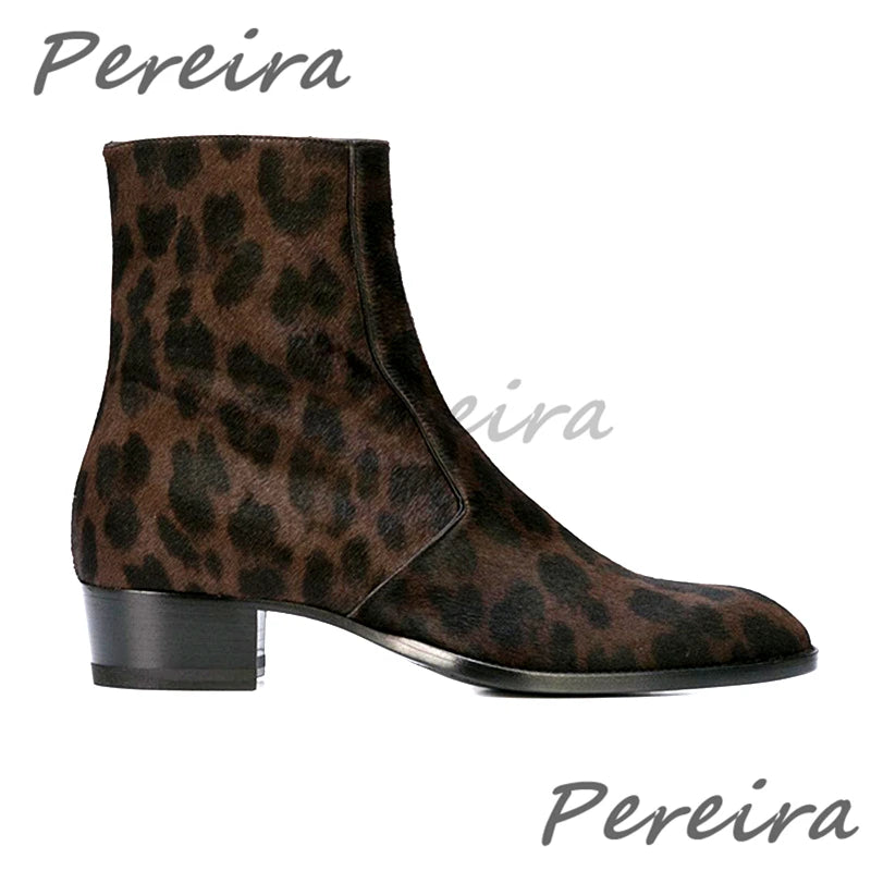 Leopard Horse Hair Chelsea Boots for Men Retro Genuine Leather Zipper Med Heel Ankle Boots Autumn Winter Trend High Top Shoes
