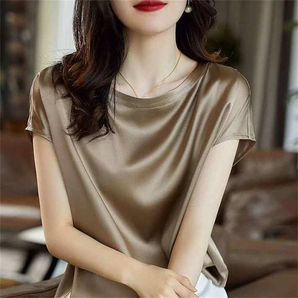 Satin Silk Shirts for Women Smooth & Shiny Short Sleeve T- Shirts Pullover Blouses Casual Loose Elegant Work Tops