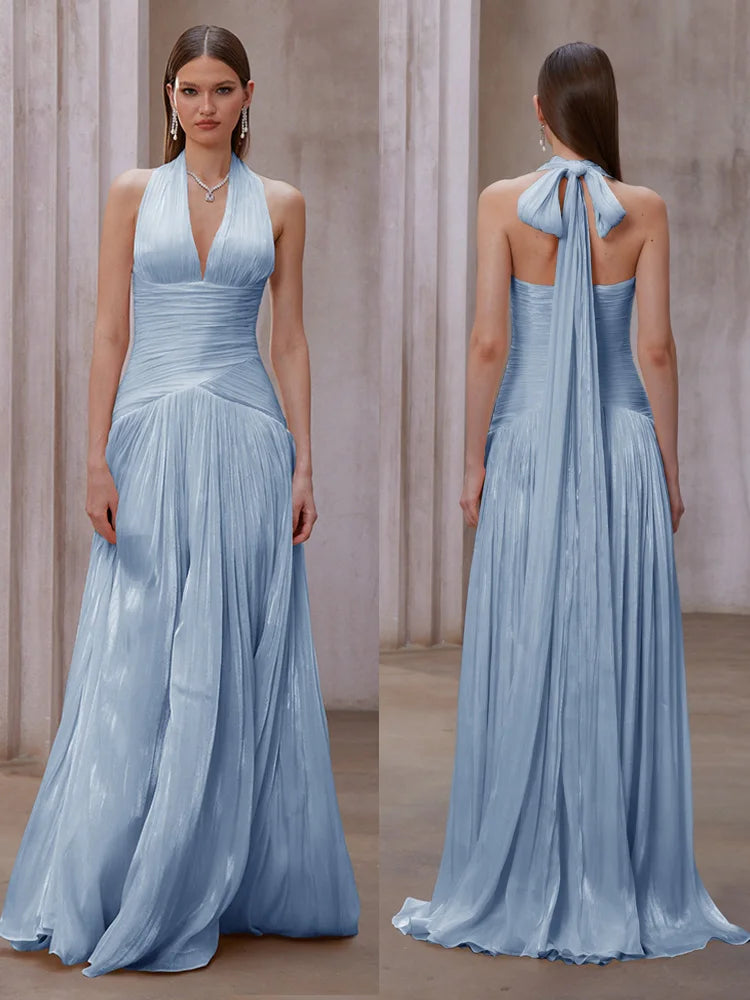 Sexy Blue Silk Satin Long Evening Dresses V-Neck Sleeveless Prom Dresses Saudi Araric Formal Occasion Prom Gowns Customize