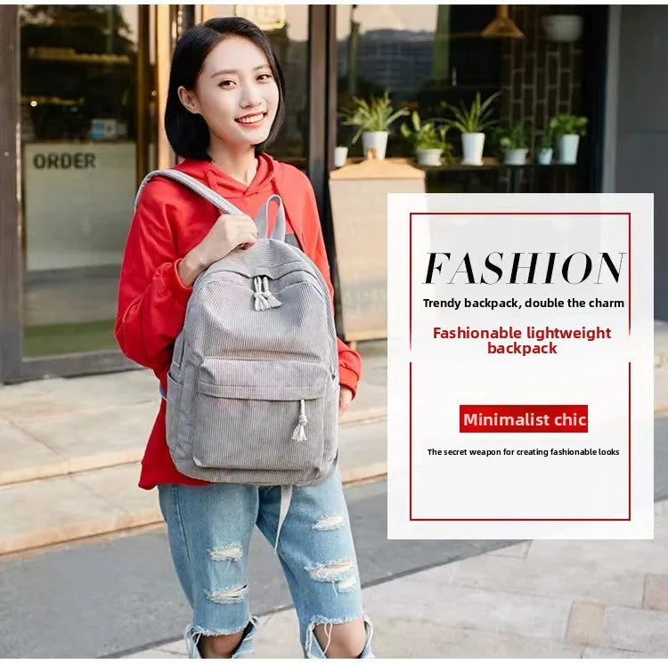 Corduroy Backpack, Academy Fashion School Bags for Middle/High School & College, Cute Tassel Detail, Versatile Casual Daily Bag