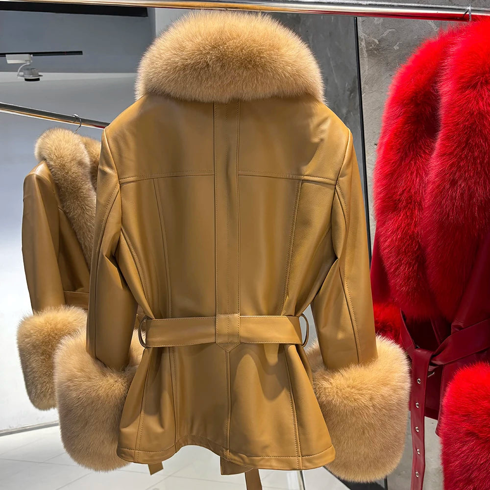 YOLOAgain Real Fox Fur Collar Genuine Leather Jacket Women