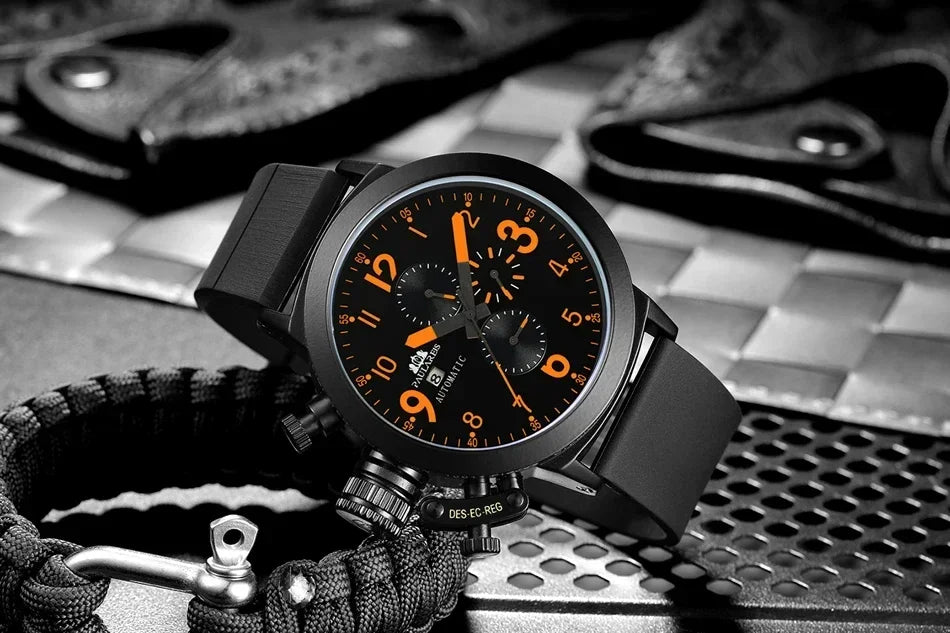 Automatic Watches for Men Mechanical Self Wind Rubber Boat Case Orange Blue Yellow Grey Fashion U Left Hand Reloj Hombre Baratos