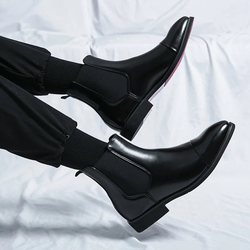 Men's Boots Business Ankle Boots Red Sole Pointed Toe Dress Boots British High Top Leather Shoes Slip-On Casual Men Chelsea Boot