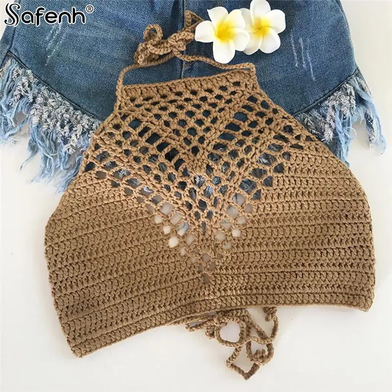 Women Summer Short Vest Sexy Hollow Out Plain White Halter Vest Strap Crop Tops Crochet Bikini Tank Tops Shirt HotSale Crop Top