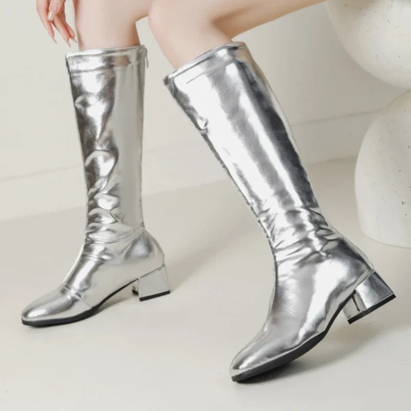 Women's Knee High Boots Winter Shoes 2026 Gold Silver Low Heeled Long Boot Ladies Party Footwear Shoes Large Size 45 Waterproof