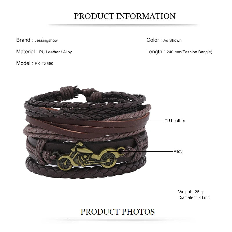 Fashion Bracelet For Men Hand Bangles Woven Alloy Motorcycle Hand Jewelry Adjustable Leather 4Pcs/Set Bracelet For Leather