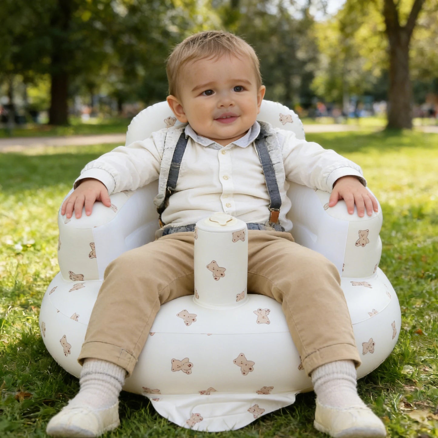 Baby Inflatable Seat, Biscuit Bear Cartoon Baby Sofa for Sitting Up 3-12 Months, Built in Air Pump PVC Back Support Sofa