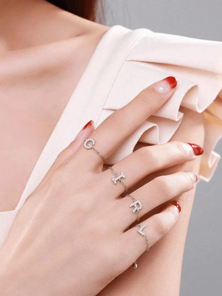 925 Sterling Silver Fashion Letter Chain Adjustable Full Zircon Ring For Women Party Personalized High Quality Fine Jewelry