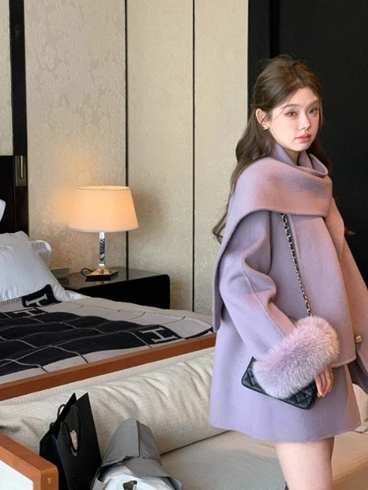 Women Double Faced Wool Coat with Real Fox Fur Sleeves 100 Wool Scarf Autumn Winter 2025 New Fashion Warm Elegant Trench Coat