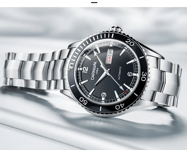 I&W Men Automatic Watch 41mm Mechanical Wristwatch 50M Waterproof Luminous Sapphire Mirror Dual Calendar Week Date