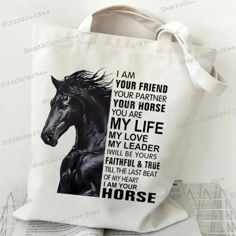 Women's Tote Bag Just A Girl Who Loves Horses Print Canvas Large Capacity Shopping Bags Horse and Flower Commuter Shoulder Bag