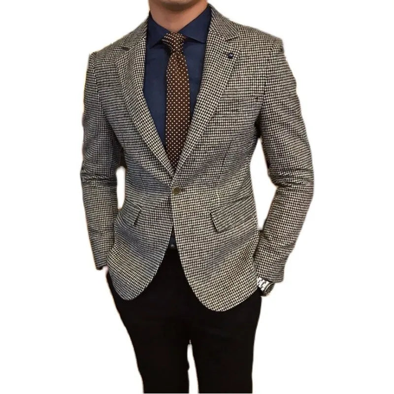 Spring and Autumn Wool Suit Men's Jacket Houndstooth Suit Large Size Retro Slim Business Thickened Casual Suit