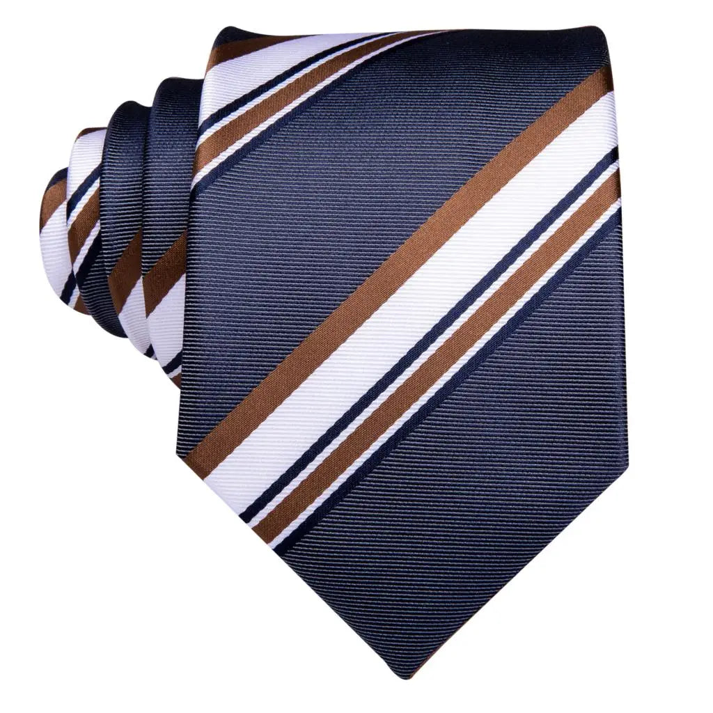 Grey White Striped 2023 New Elegant Men Tie Hanky Cufflink Silk Necktie For Men Wedding Party Business Fashion Brand Hi-Tie