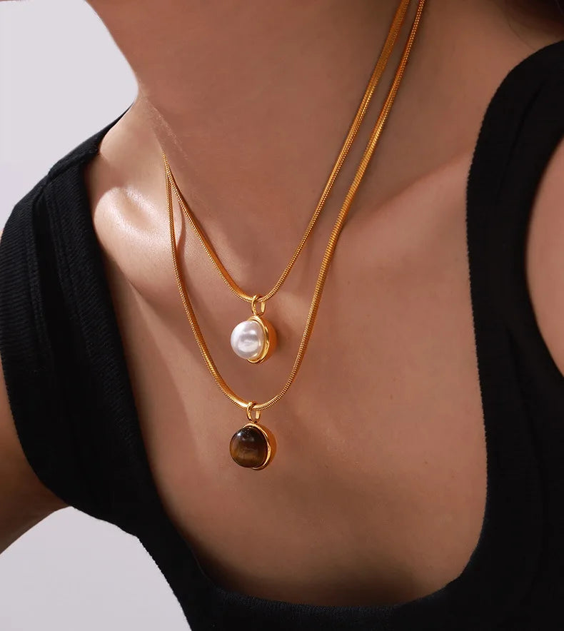 Women's Necklace with Retro Style Pearl Natural Stone Pendant Titanium Steel Lock Chain Fashionable Jewelry Accessories