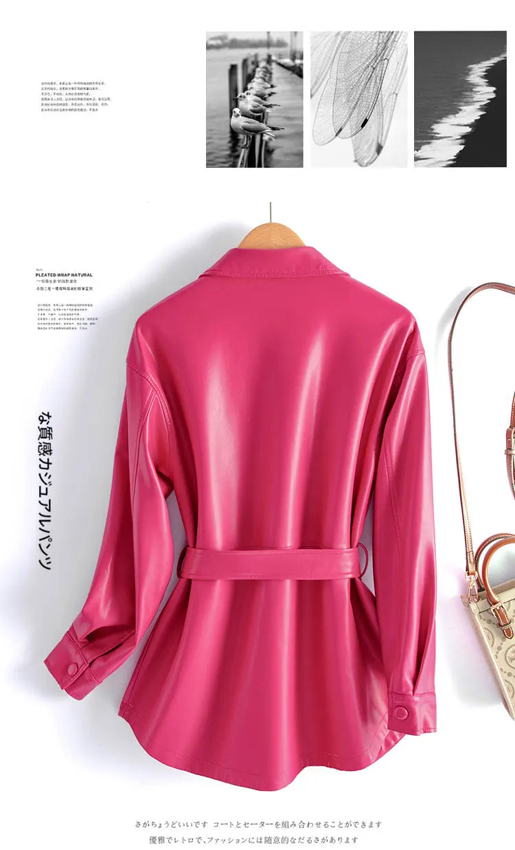 Sheepskin Leather Jacket Women Fashion Irregular Turn-down Collar Lace-up Belt Chic Office Ladies Real Split Leather Jacket Coat