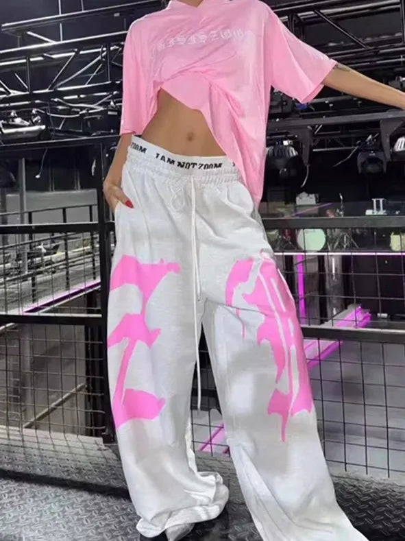 American Hiphop Street Dance Letter Print Loose Sports Pants Double Waist for Women Casual Wide Leg Pants Comfortable Fit