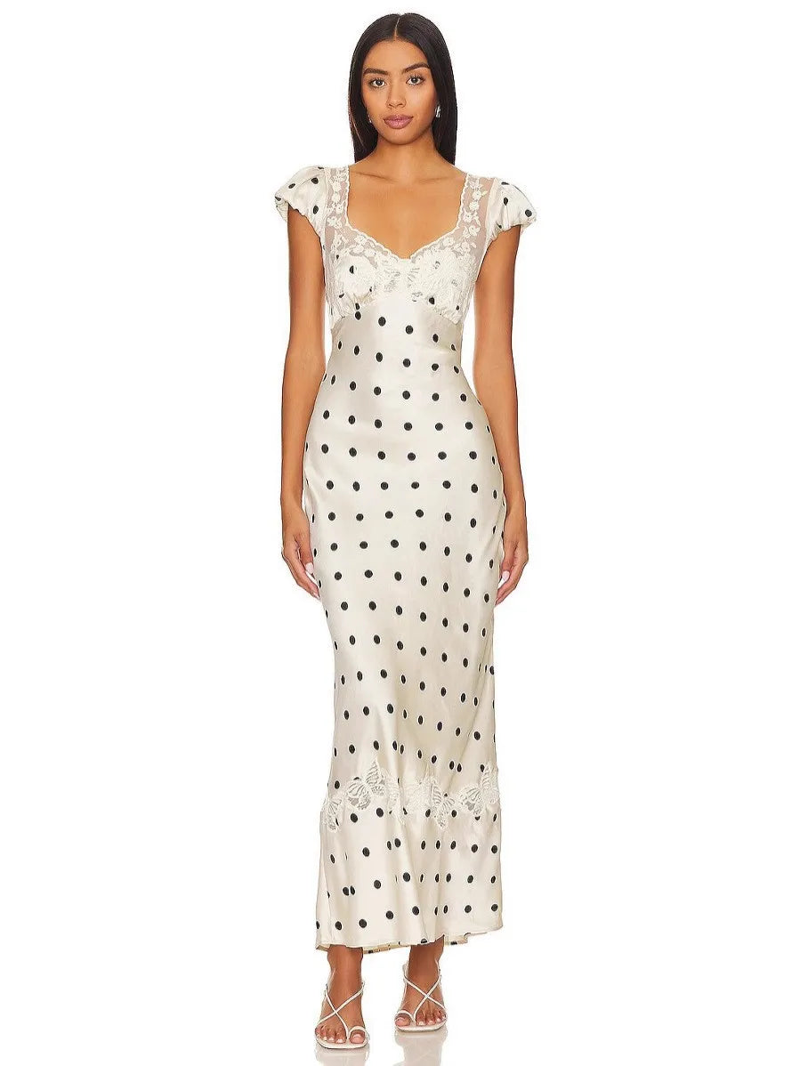 Luxurious Silk Satin Long Dress Elegant Puff Sleeve Polka Dot Floral Gown Sexy Open Back Midi Dresses for Evening Cocktail
