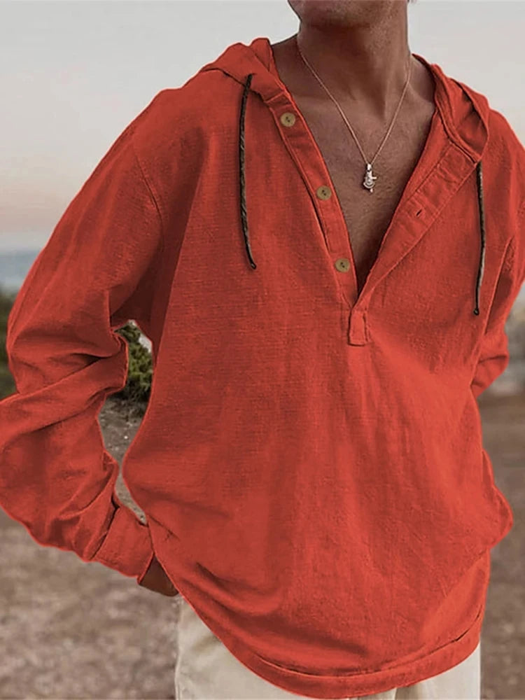 Vintage Cotton Linen Hooded Shirt For Men Long Sleeve V Neck Hoodies Tops Fall Casual Loose Shirts Seaside Beach Blouse Clothing