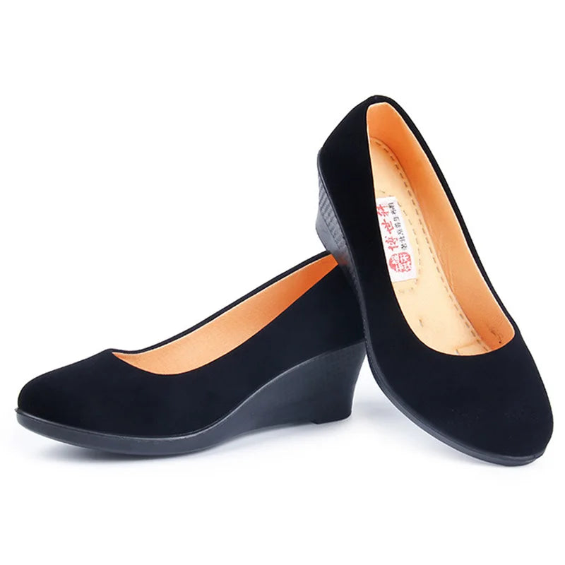 Women's 5cm Wedge Heels Workwear Ceremonial Cloth Shoes Black PU Office Ladies Spring Slip on Oxford Shoes Shallow Mouth Shoes
