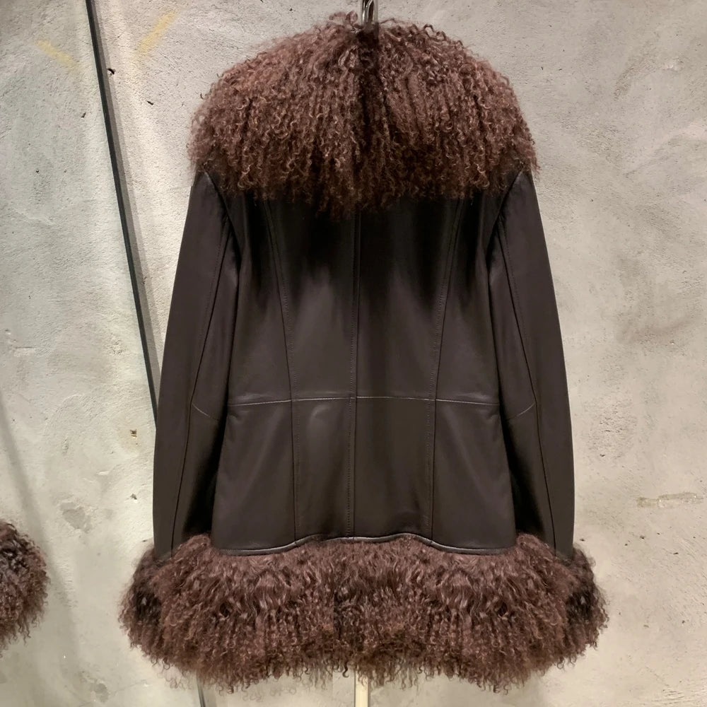 Sheep Collar Coats Women Winter Luxury Mongolian Fur Leather Jackets with Long Sleeve 7251