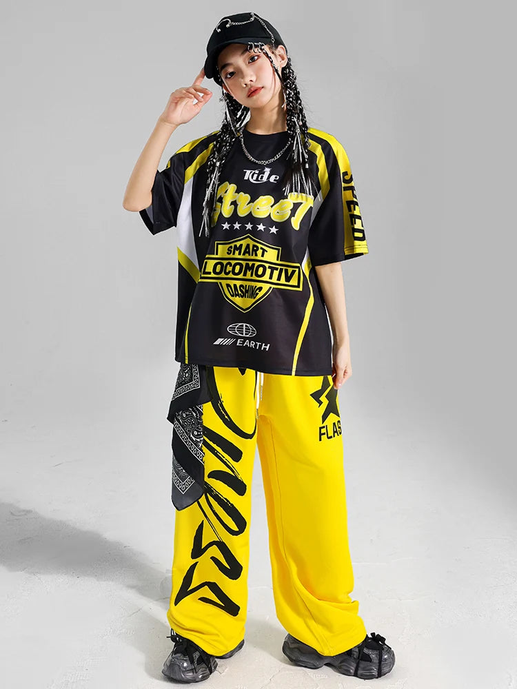 Boys Hip Hop Contrast T-shirt Yellow Vest Sweat Pants Girls Street Dance Jazz Costume Children Clothes Set Kids K-pop Streetwear
