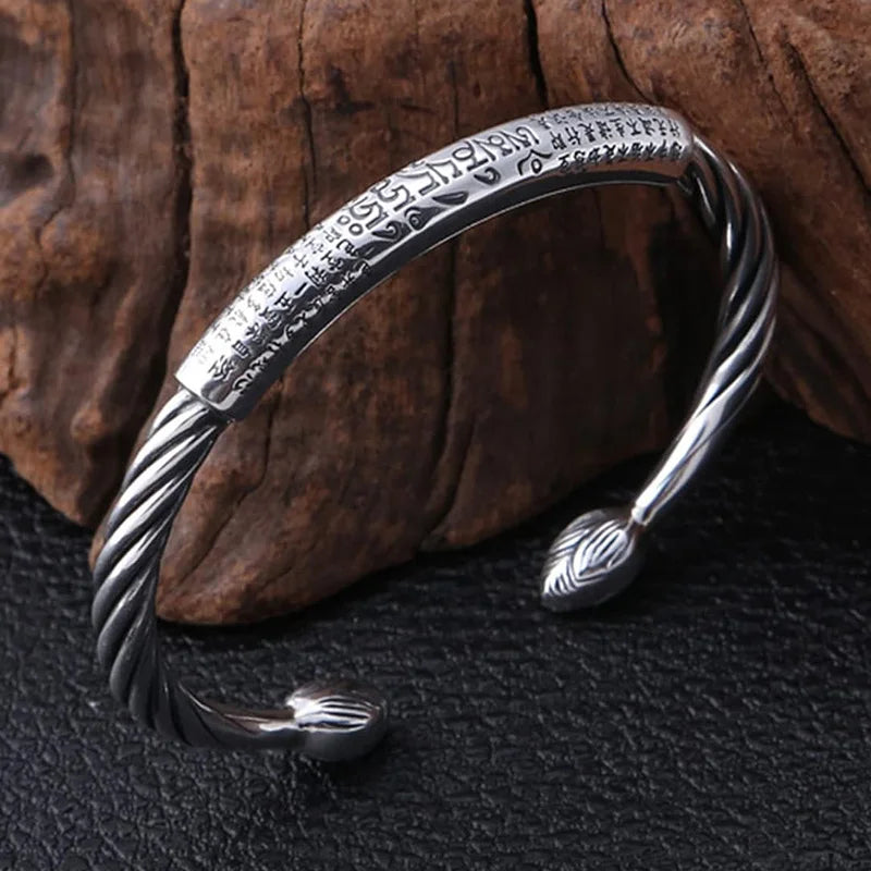 Sterling Silver Personality Retro Six-Character Mantra Leather Bracelet Fashion Woven Men's Bracelet